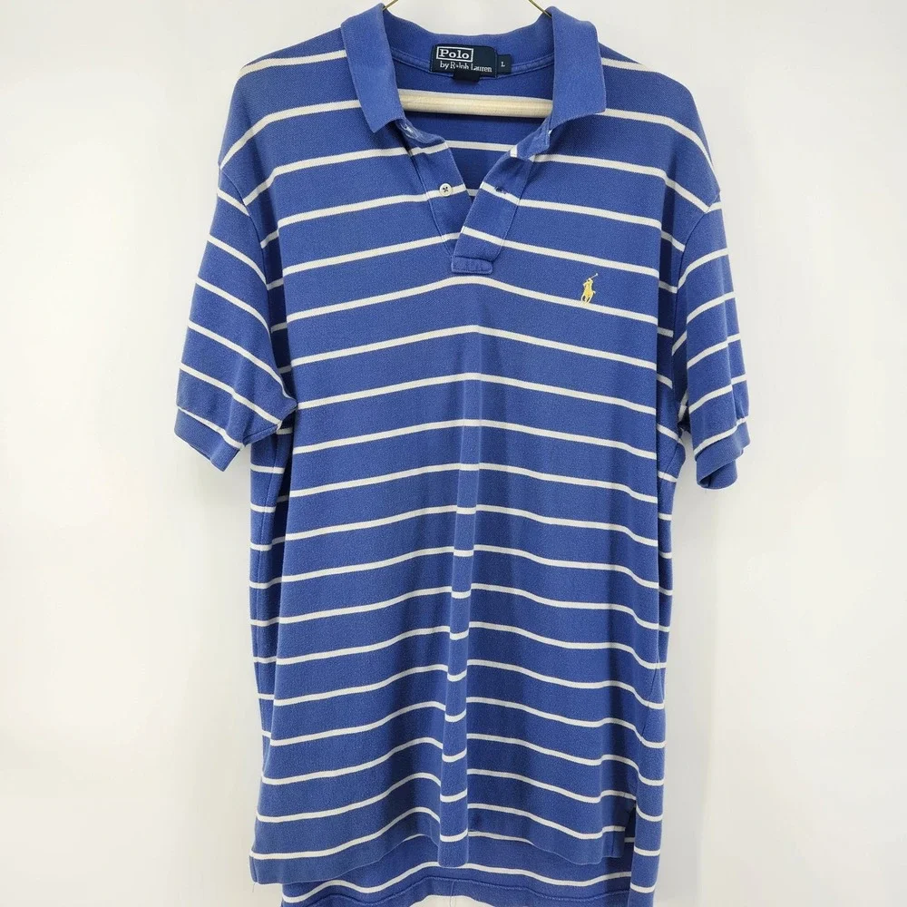 Polo Ralph Lauren Mens Blue White Striped Cotton Pique Polo Shirt L Yellow Pony